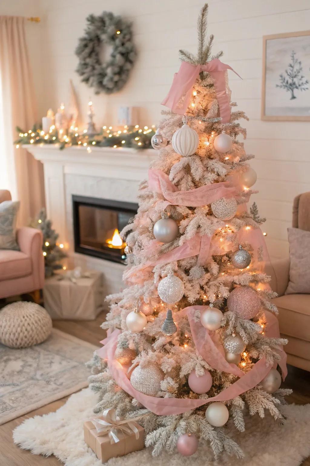 A pastel pink Christmas tree radiating elegance in a snug setting.