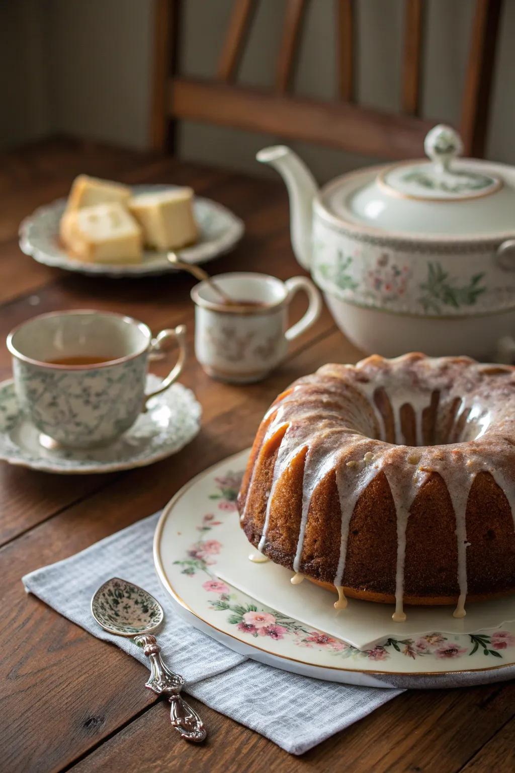 A bundt cake featuring a lustrous glaze that accentuates its inherent elegance.