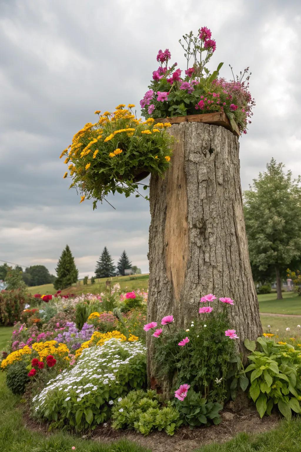 A tall tree stump planter adds a burst of color to any garden.