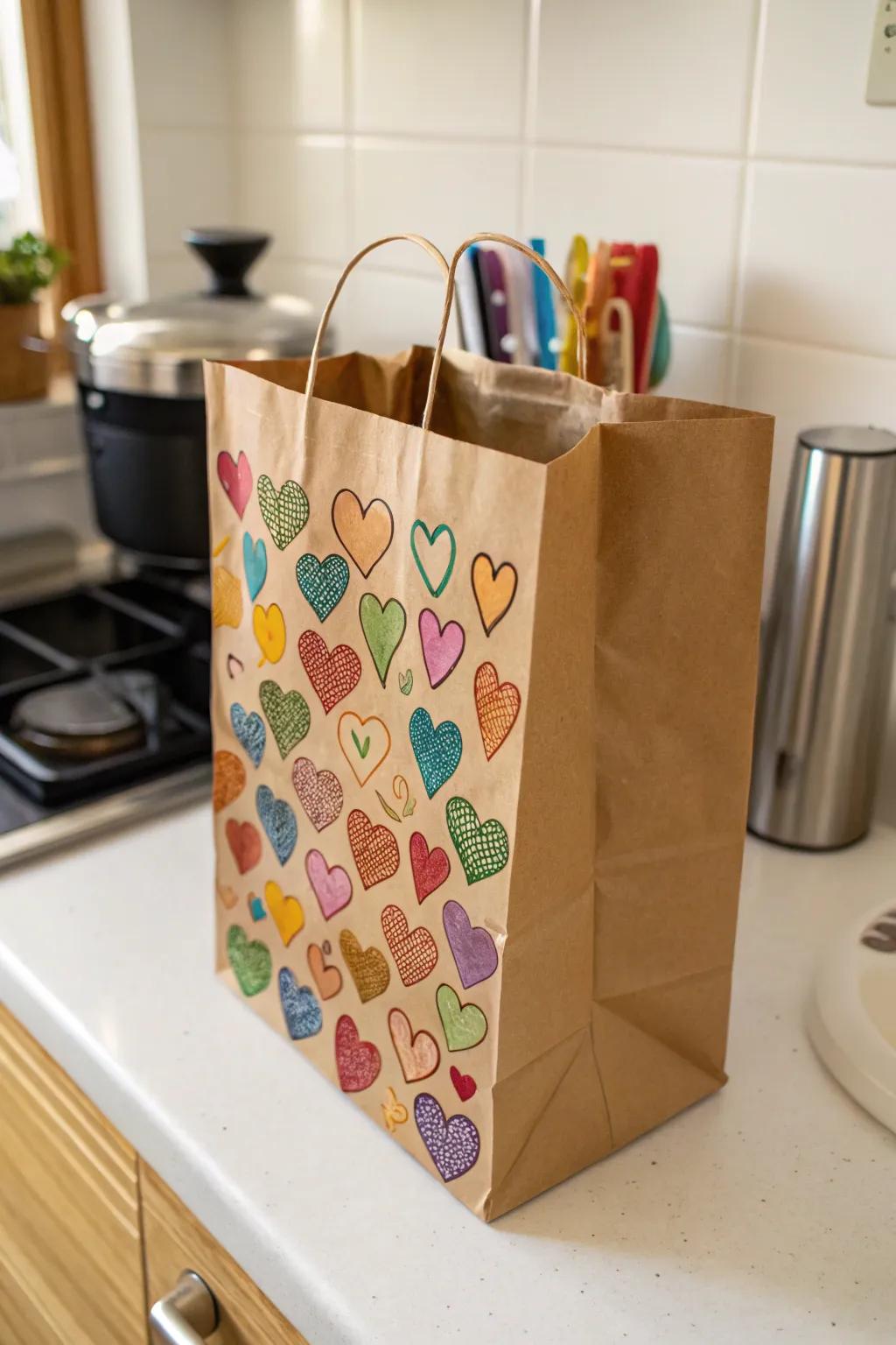 A heart-stamped paper bag, ready to share affection.