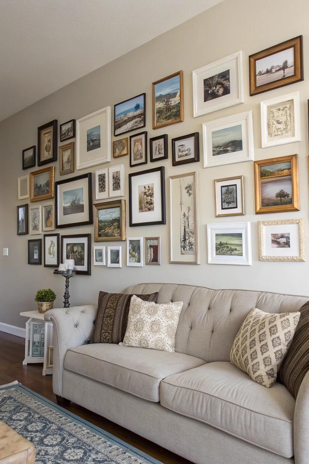 A gallery wall displaying an artistic combination of frames, adding a personal touch to the decor.