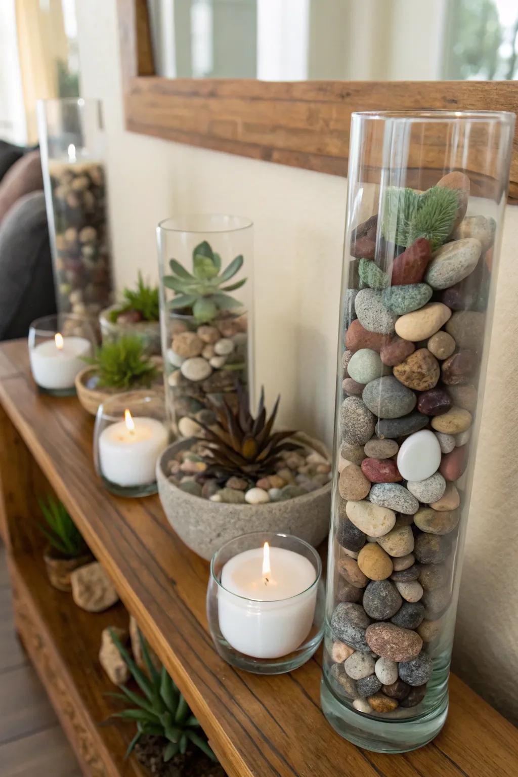 Redesign basic glass containers into captivating decor using pebbles and rocks.