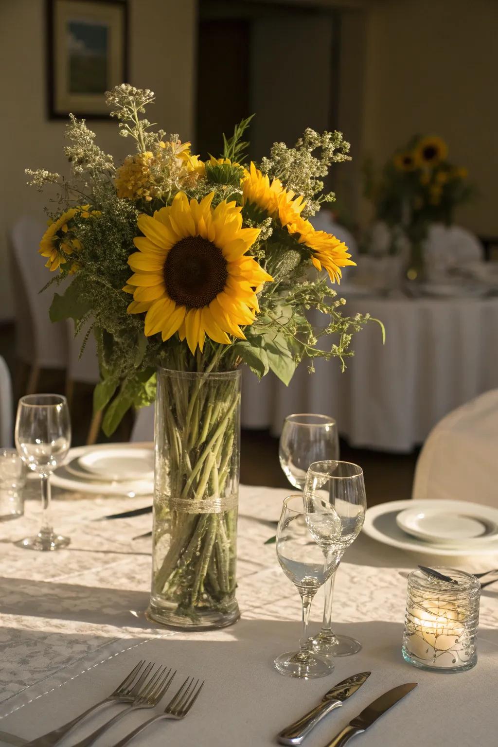 A captivating sunflower centerpiece effortlessly commands attention in any dining setting.