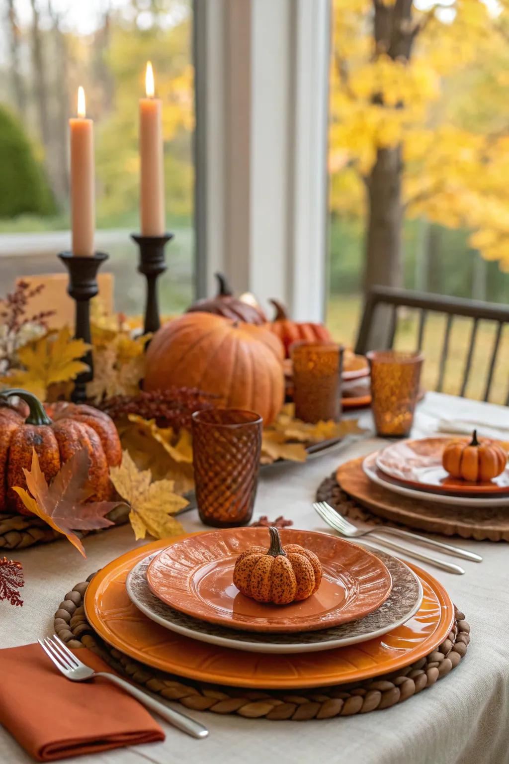 Autumn-inspired table protectors with gourd details.