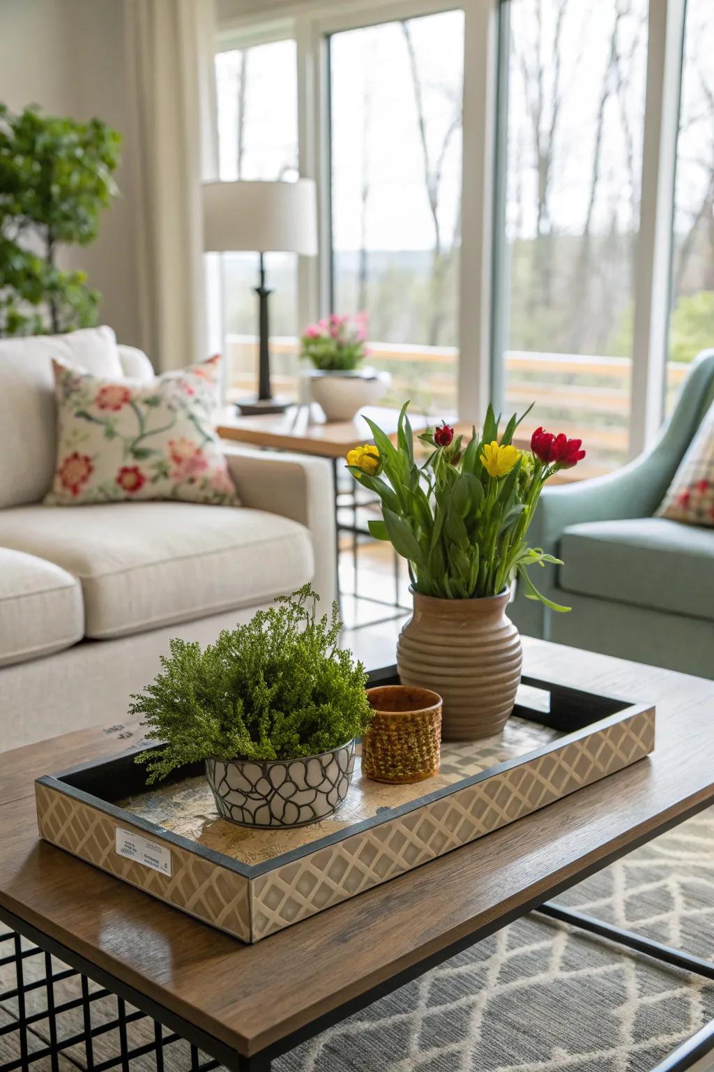 A coffee table serving board embellished with a potted plant and fresh flowers.