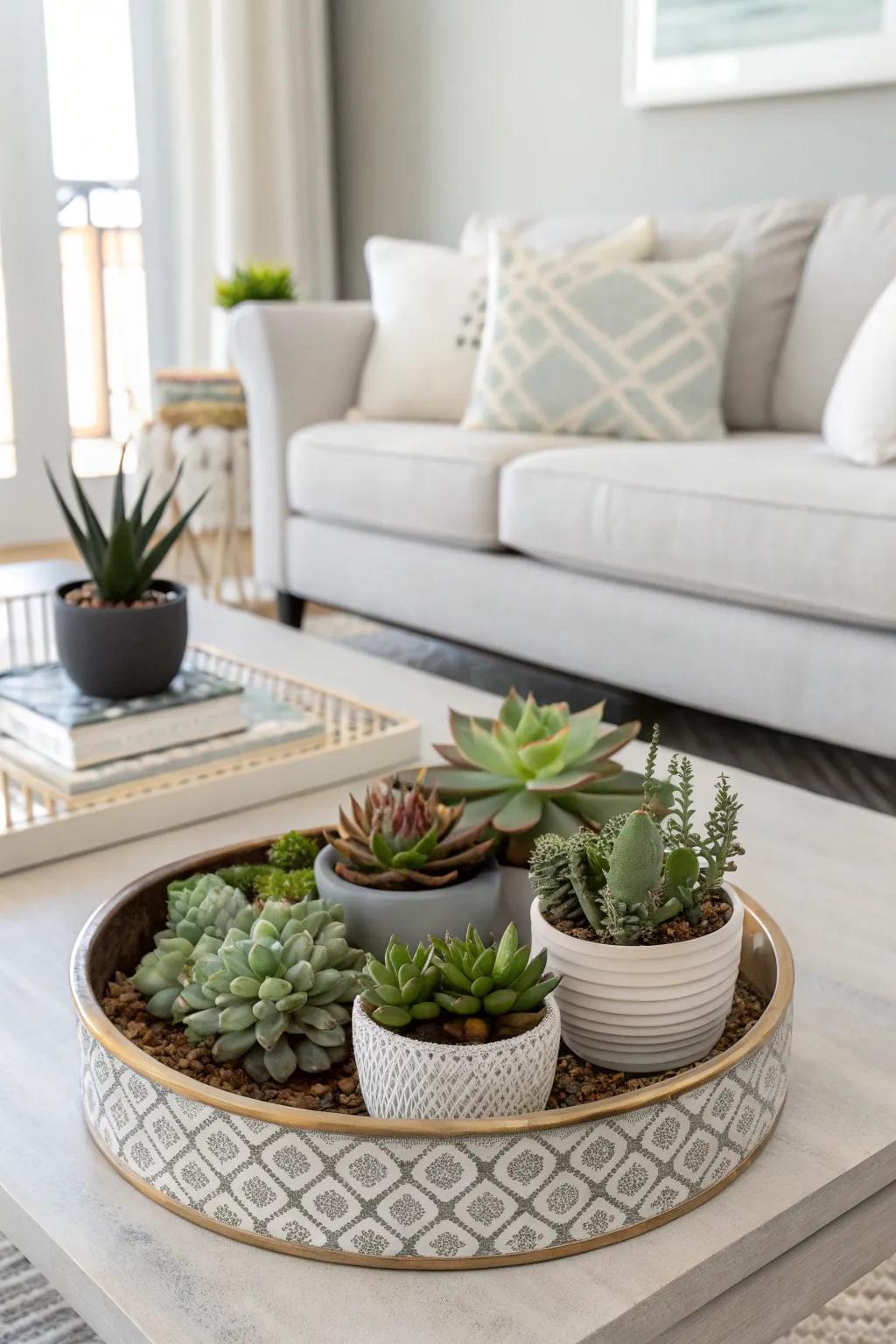Bringing nature indoors with a tray full of succulents.