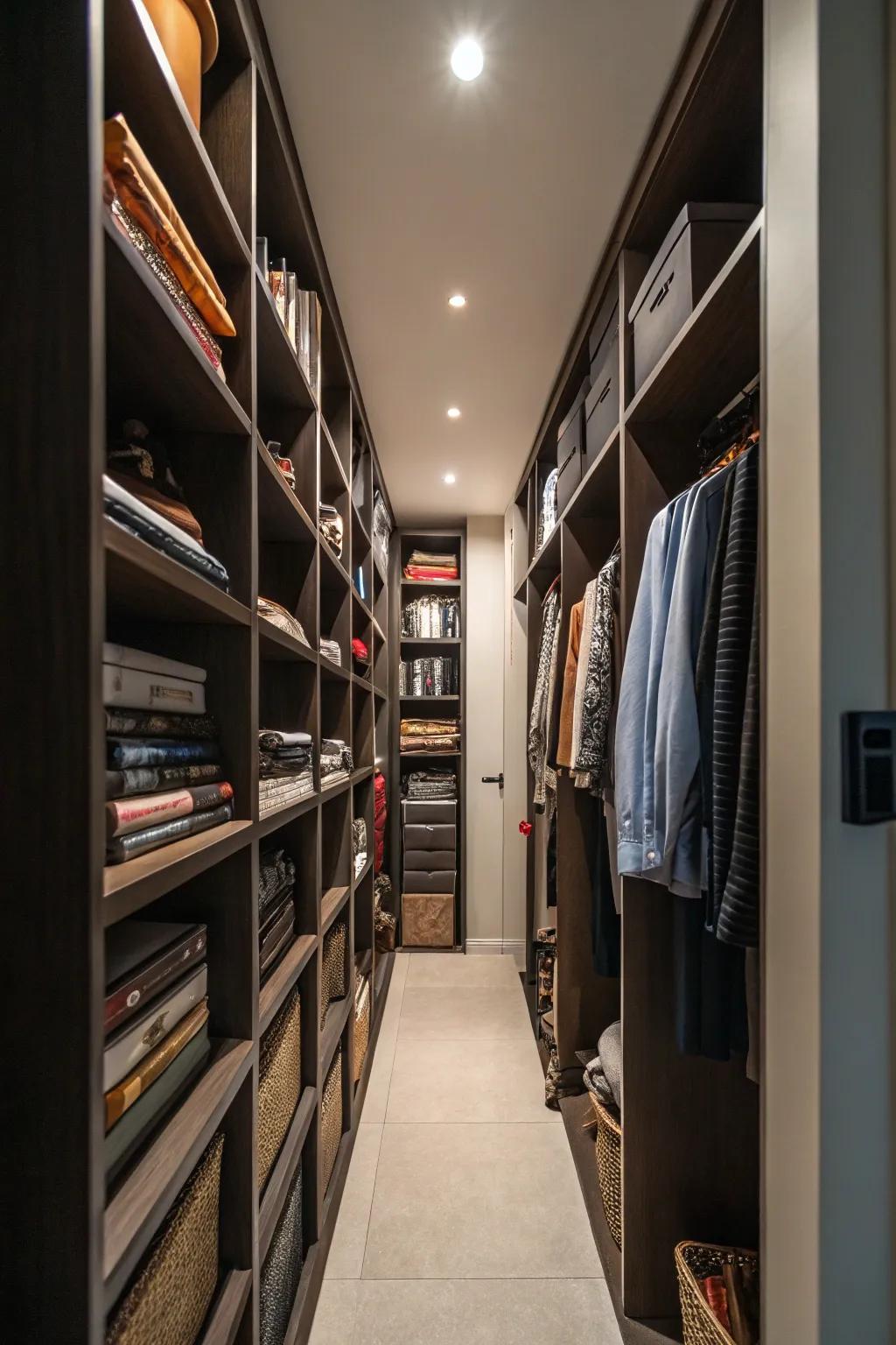 Get the most storage by using vertical shelving in your skinny closet.