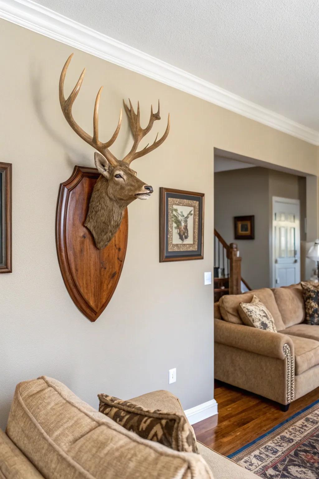 A classic deer antler mount on a polished wood panel brings sophistication to a living room with neutral hues.