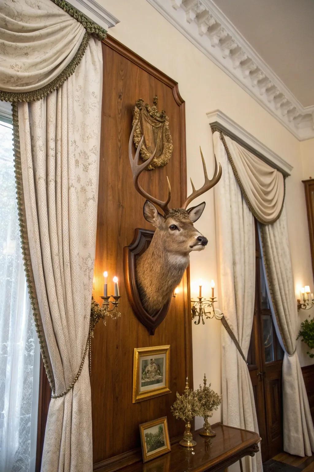 A traditional deer mount presented on a beautifully crafted wooden base.