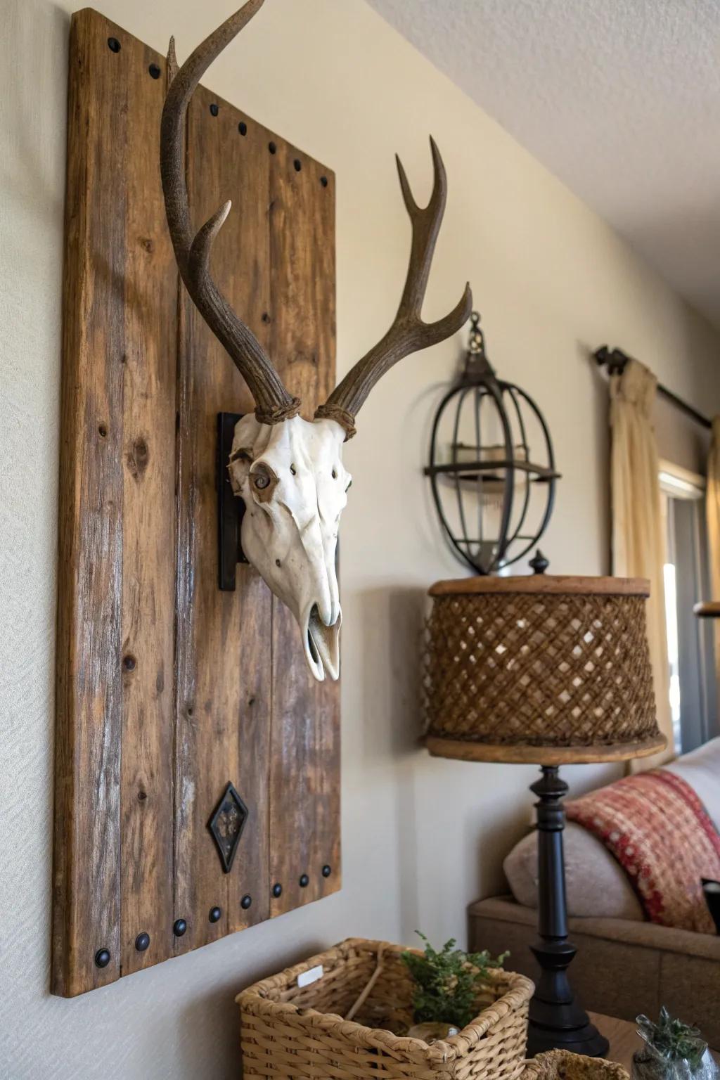 A country-style wood panel highlights the inherent charm of a deer skull mount.