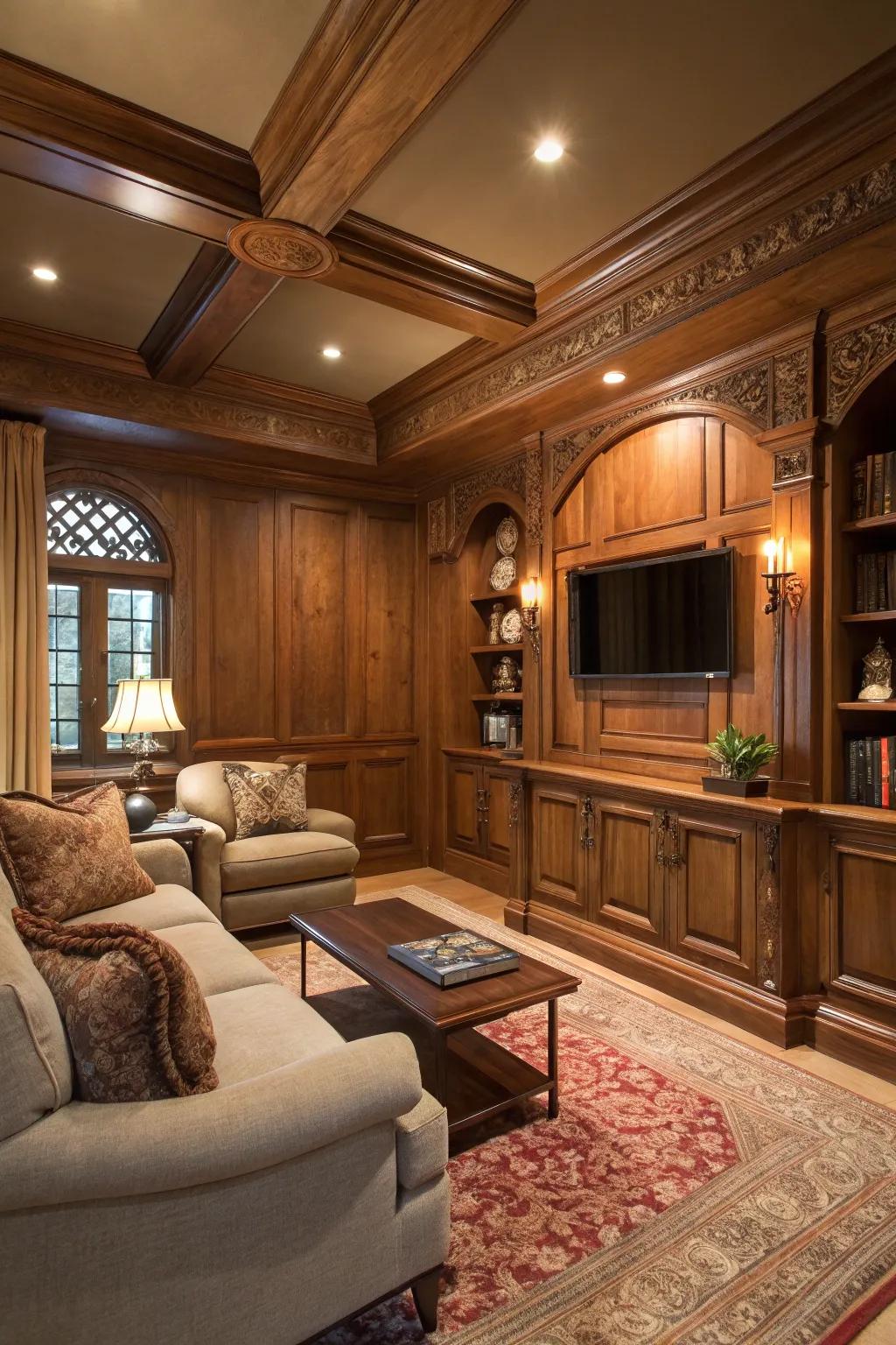 A welcoming den showcases wood paneling, creating a snug ambiance.