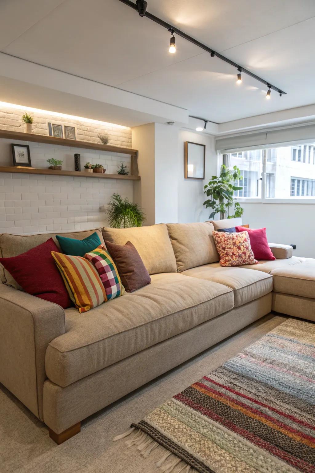 A contemporary den featuring an expansive modular couch and vibrant highlights.