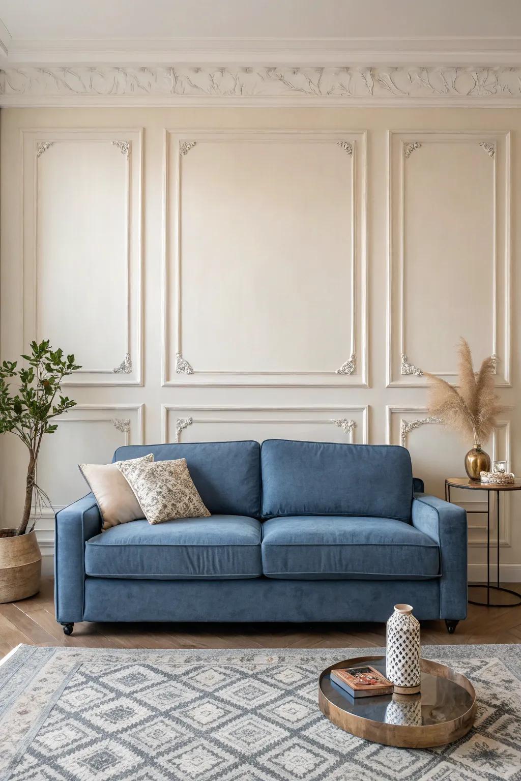 A cerulean settee commands attention as the key element in a simple decor.