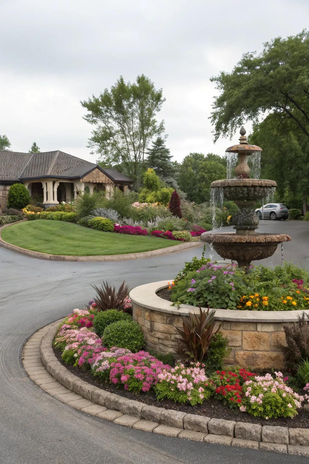 An island brimming with radiant flowers and a fountain dramatically transforms this driveway into a scenic panorama.
