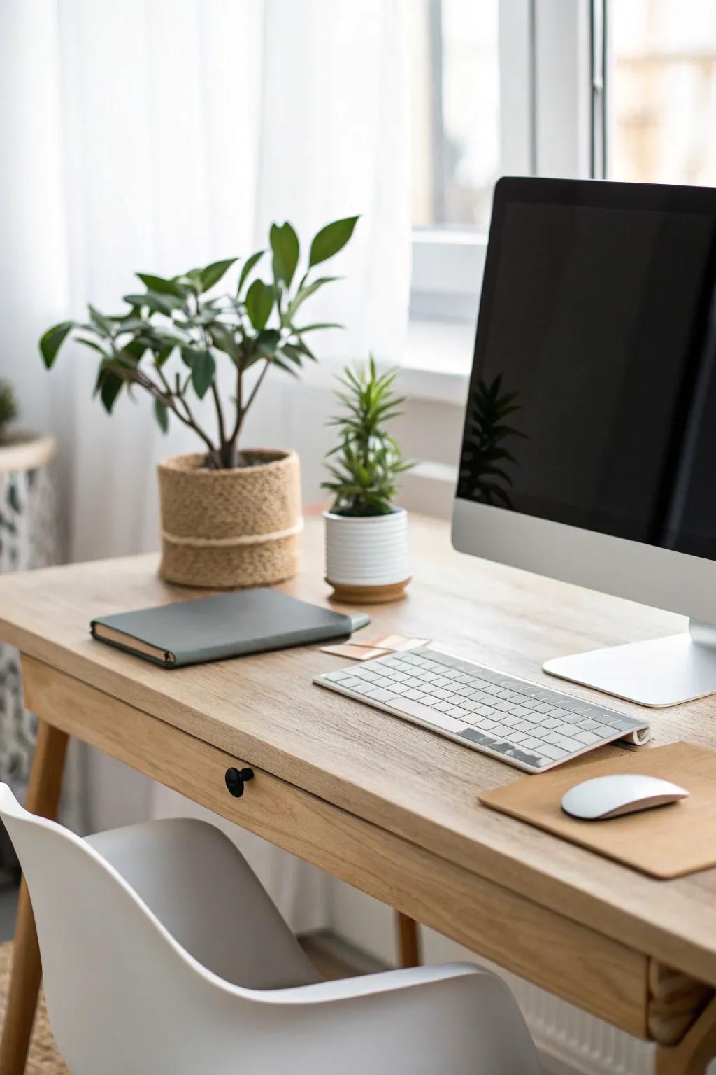A streamlined desk configuration promoting concentration and creative thinking.