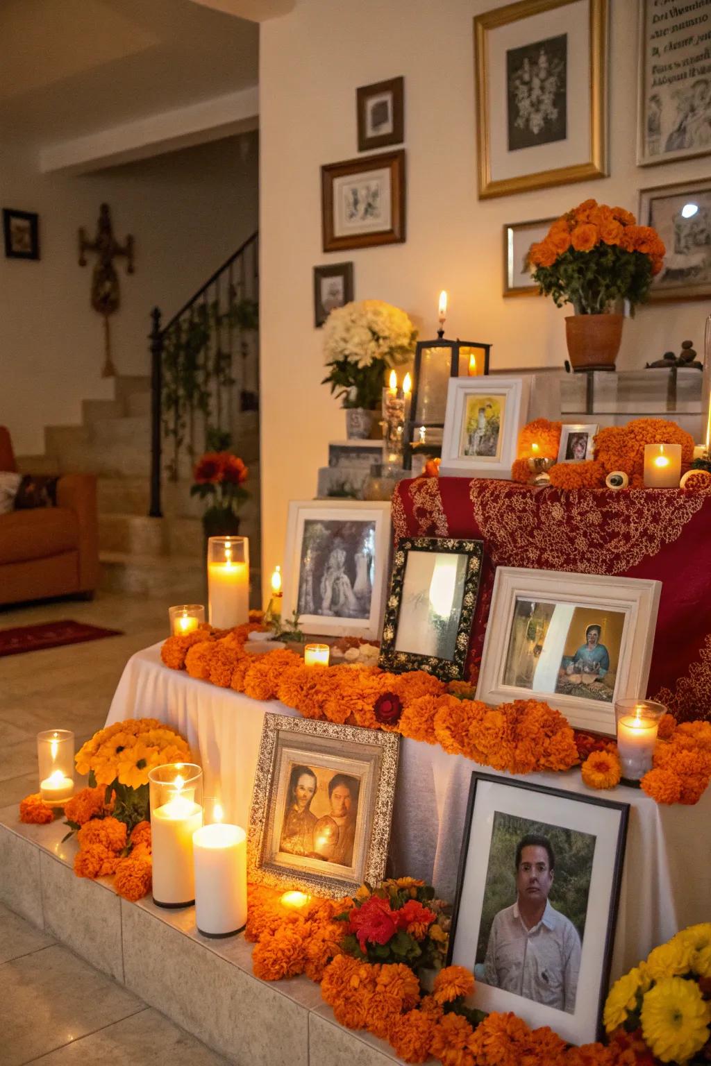 Framed photos of dear ones form the heart of this Día de los Muertos altar.