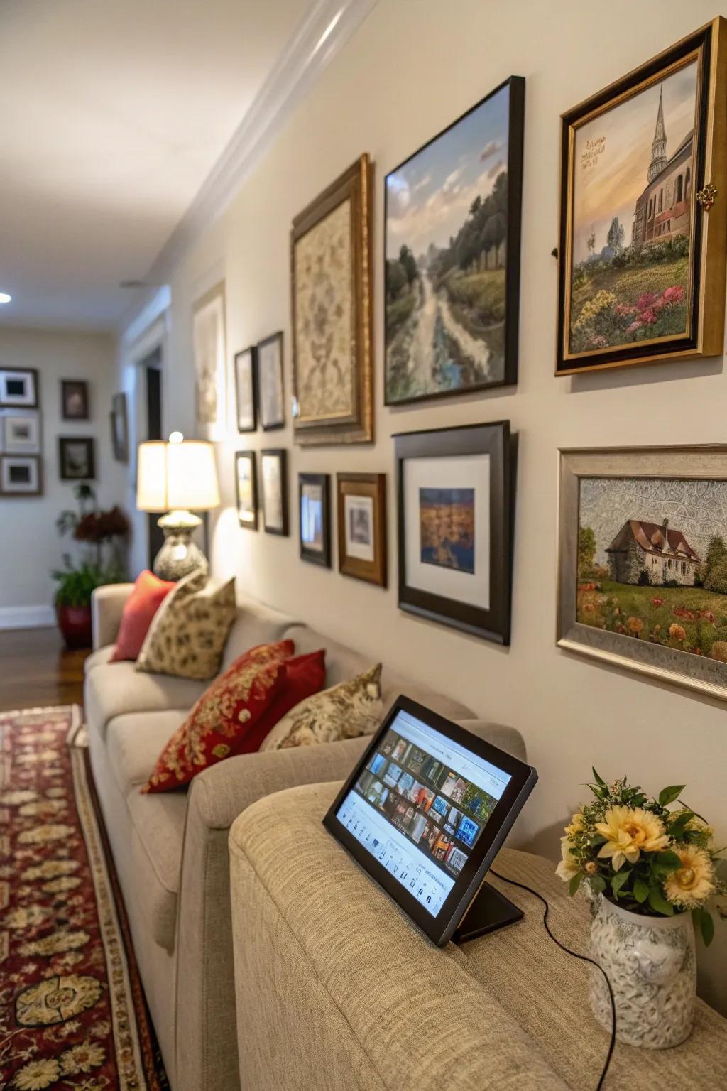 A striking gallery wall elegantly merging digital and classic art.