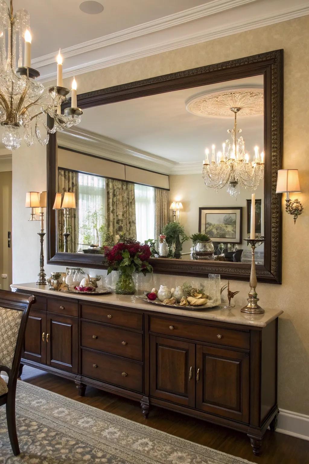A large mirror enhances the depth and elegance of this dining buffet arrangement.