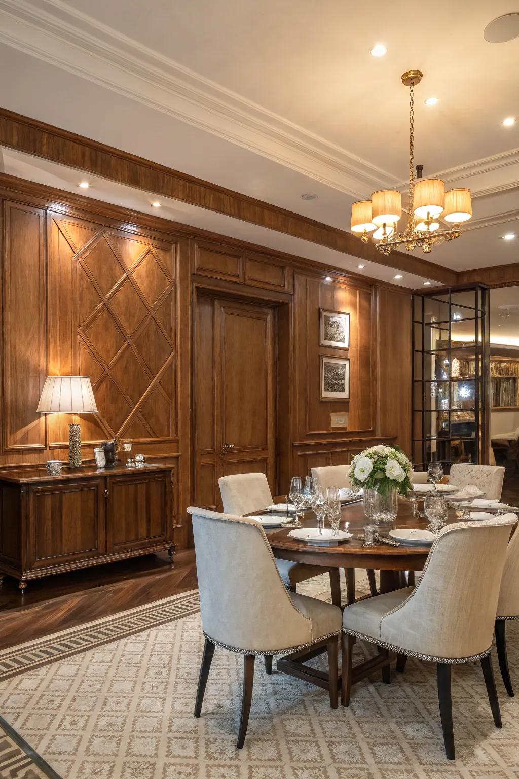 Wood paneling brings enduring sophistication to any dining area.