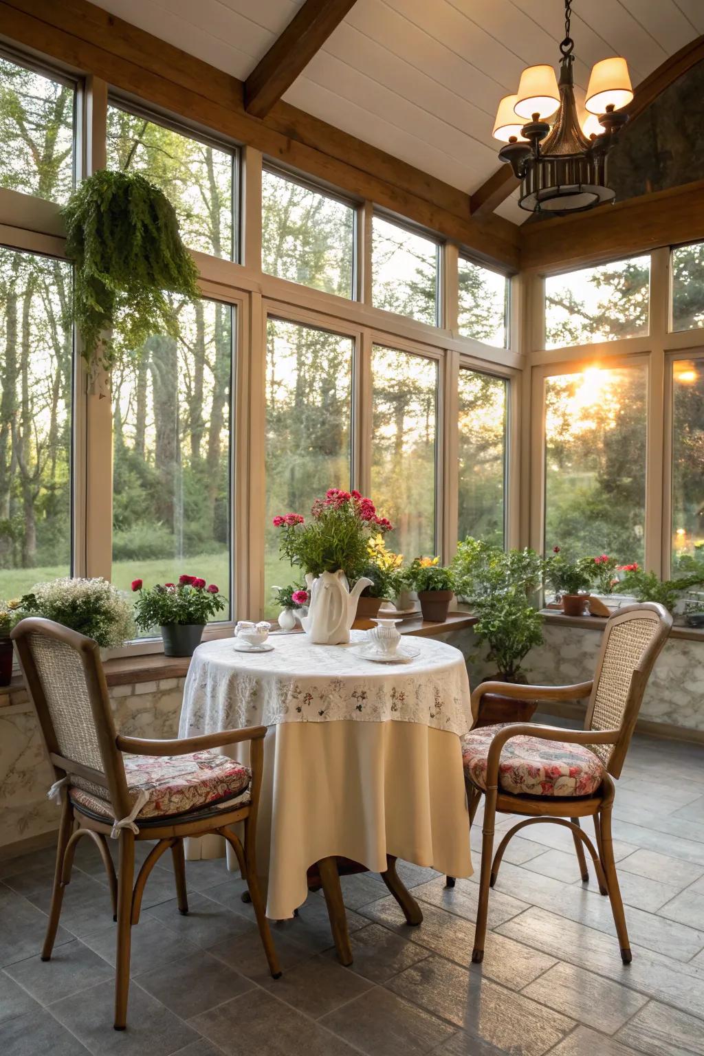 A sunroom dining space that welcomes the outdoors in, perfect for enjoying natural light.
