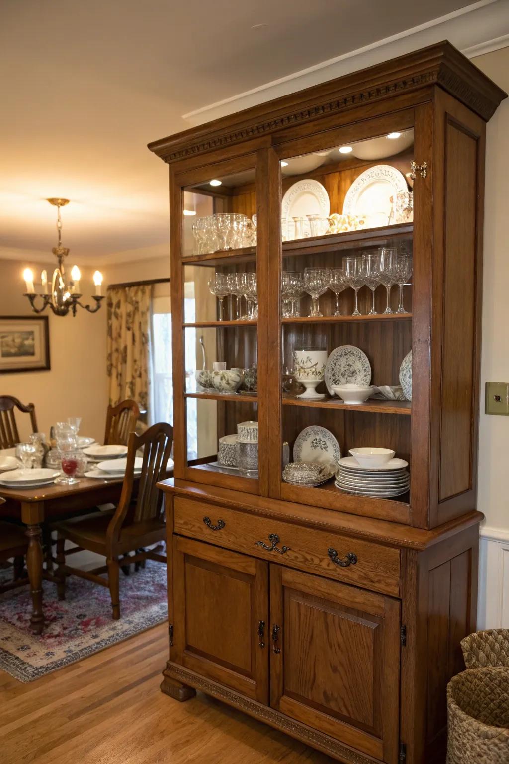 An ageless display case enhances the dining room with its lasting beauty.