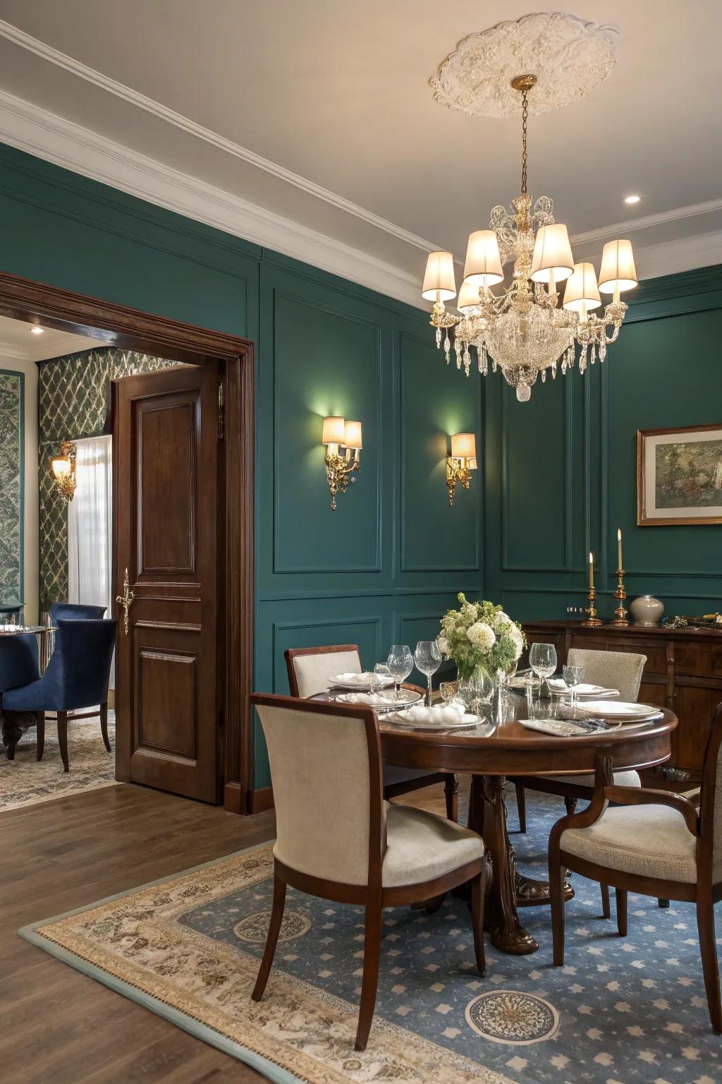 A dining space is bathed in peaceful blues and greens, fostering a calm ambiance.