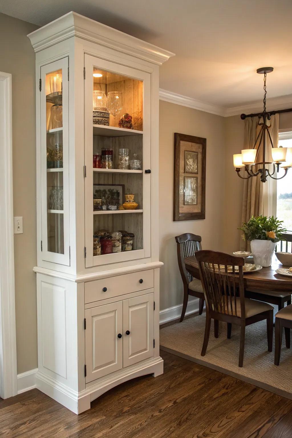 Effectively utilize your vertical space using a tall corner cabinet.
