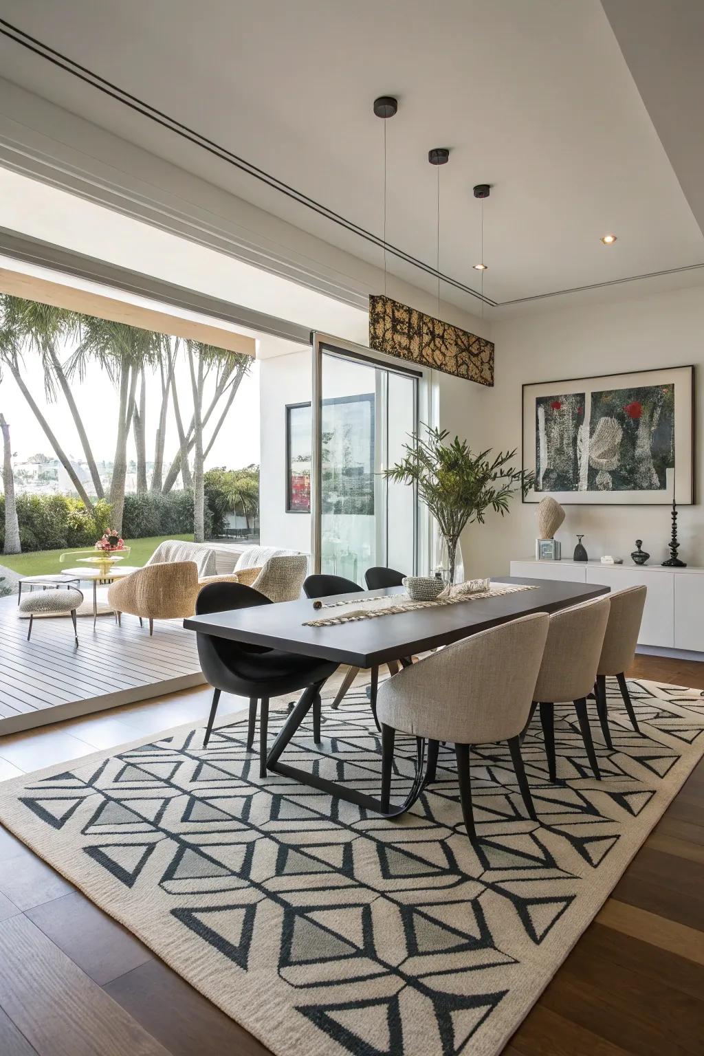 Incorporate a contemporary element with a striking geometric rug.