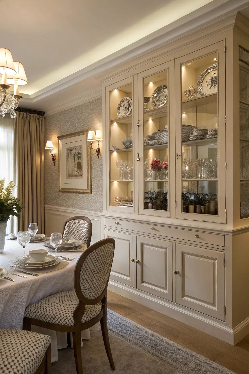 Integrated cabinets deliver a blend of storage and style, effortlessly becoming part of your dining room's overall design.