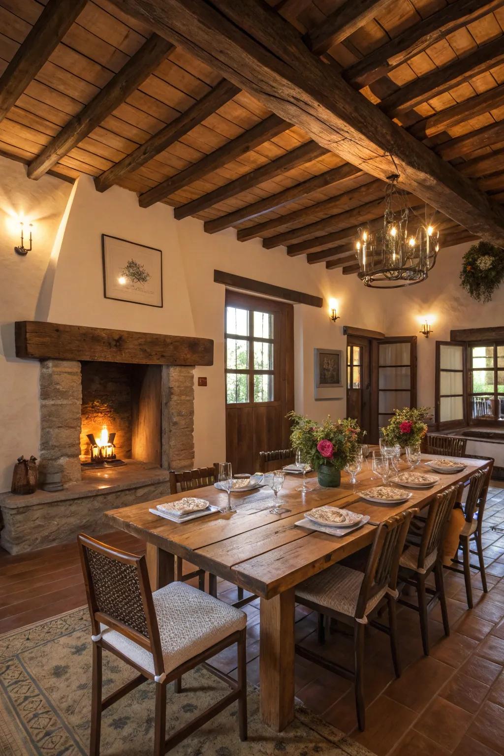 Natural charm radiates from a wooden table and an array of chairs, creating a welcoming ambiance.