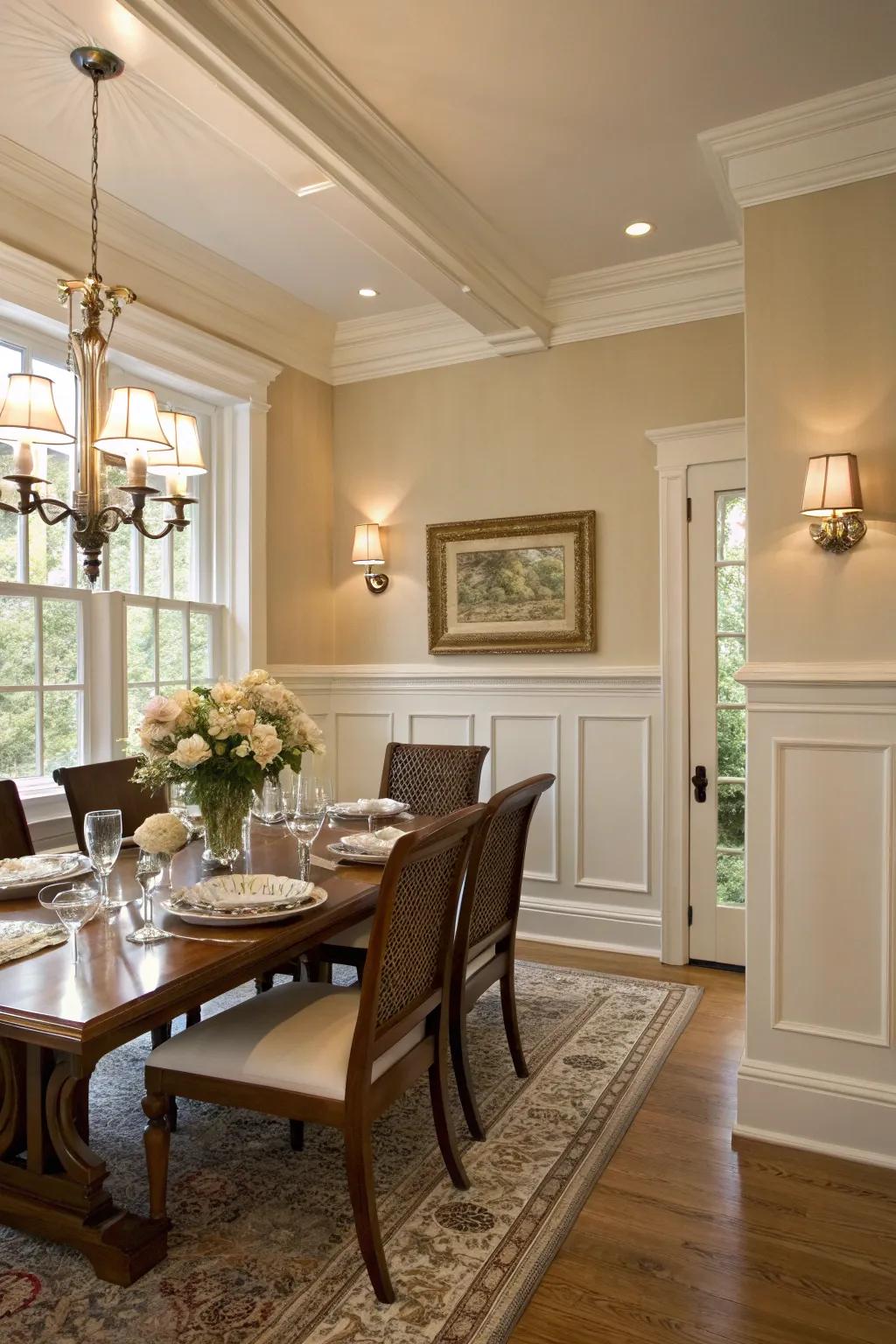 This dining room showcases traditional white wainscoting, exuding timeless elegance.