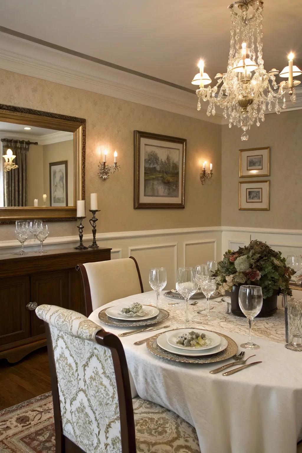 A refined two-tone paint design in a dining room exudes sophistication.