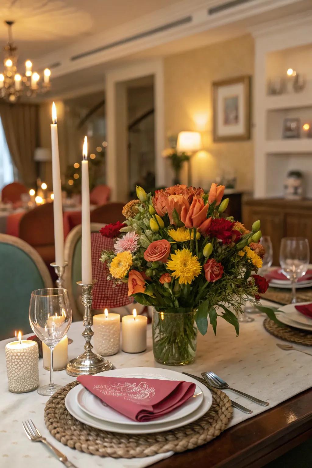 A dining table showcases a centerpiece featuring both fresh flowers and candles.
