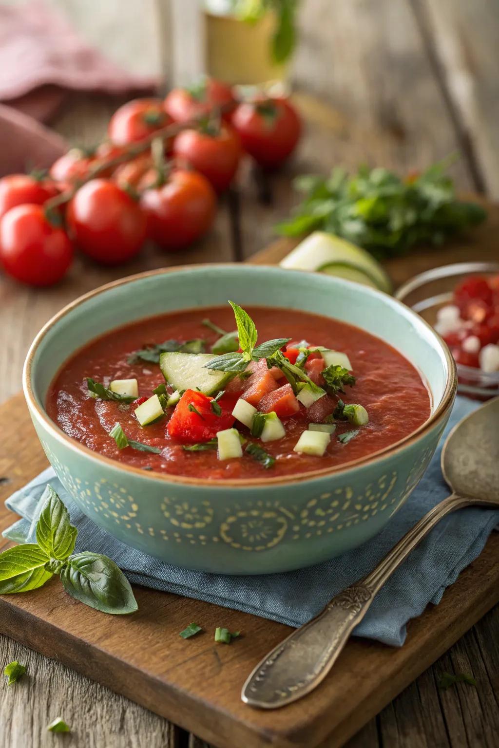 Relax with a bowl of revitalizing gazpacho, the taste of summer.