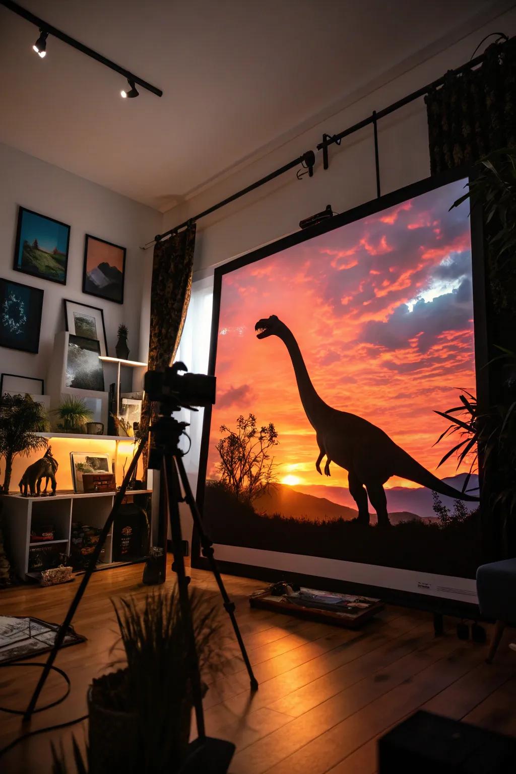 A creature silhouette artwork set against a stunning sundown backdrop