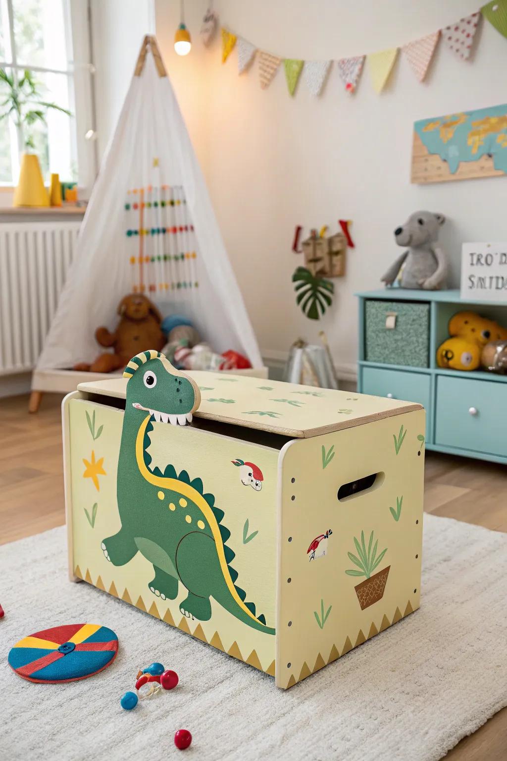 A playful dinosaur-shaped toy chest ideal for storing toys.