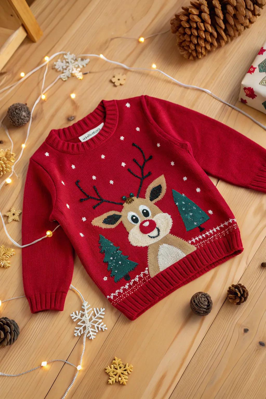 A cheeky reindeer sweater primed for holiday merriment.