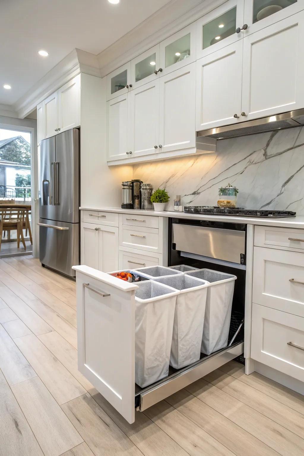 Bespoke cabinets are a refined way to hide garment containers.