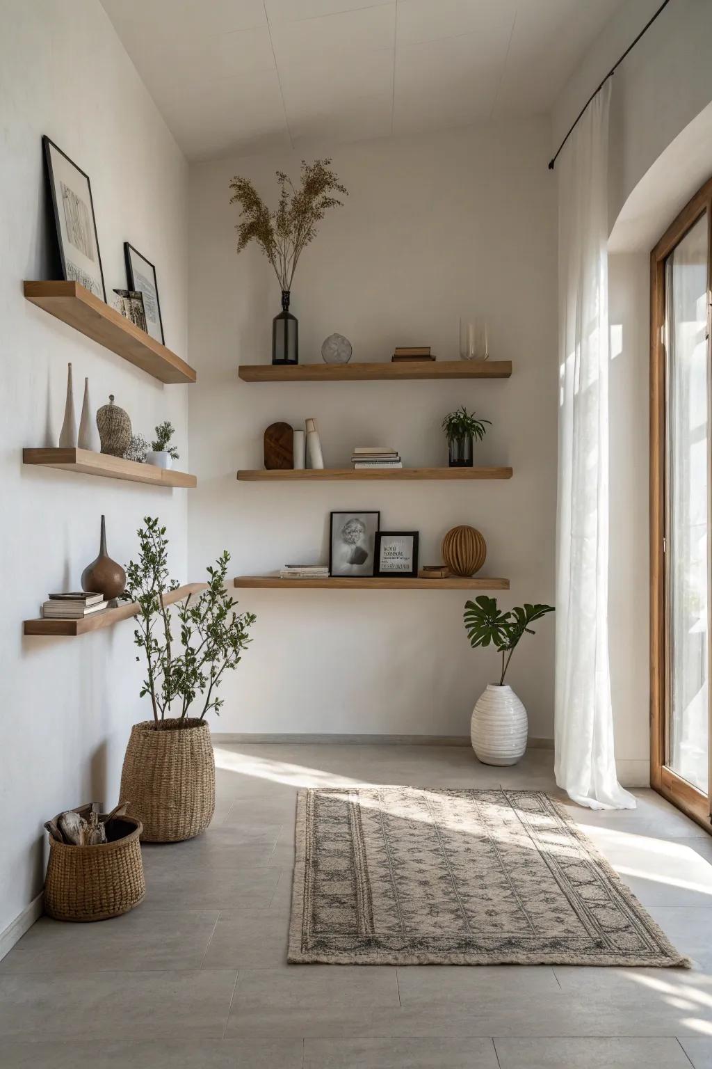 Floating shelves give off a clean and modern vibe.