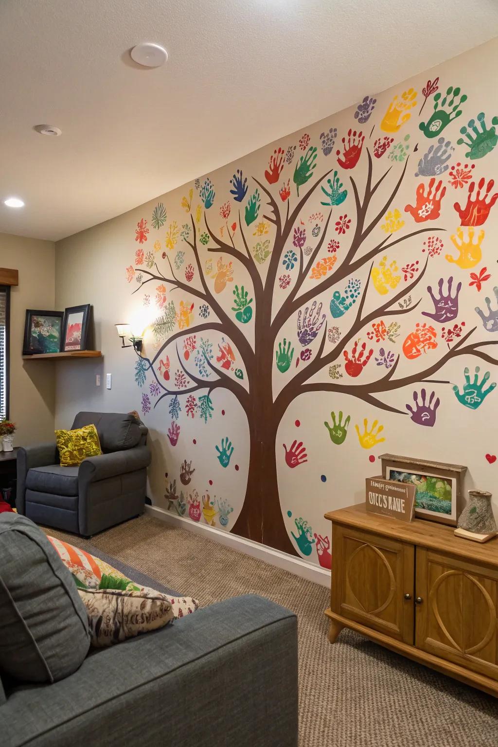 A mural of a handprint tree, embodying unity and growth.