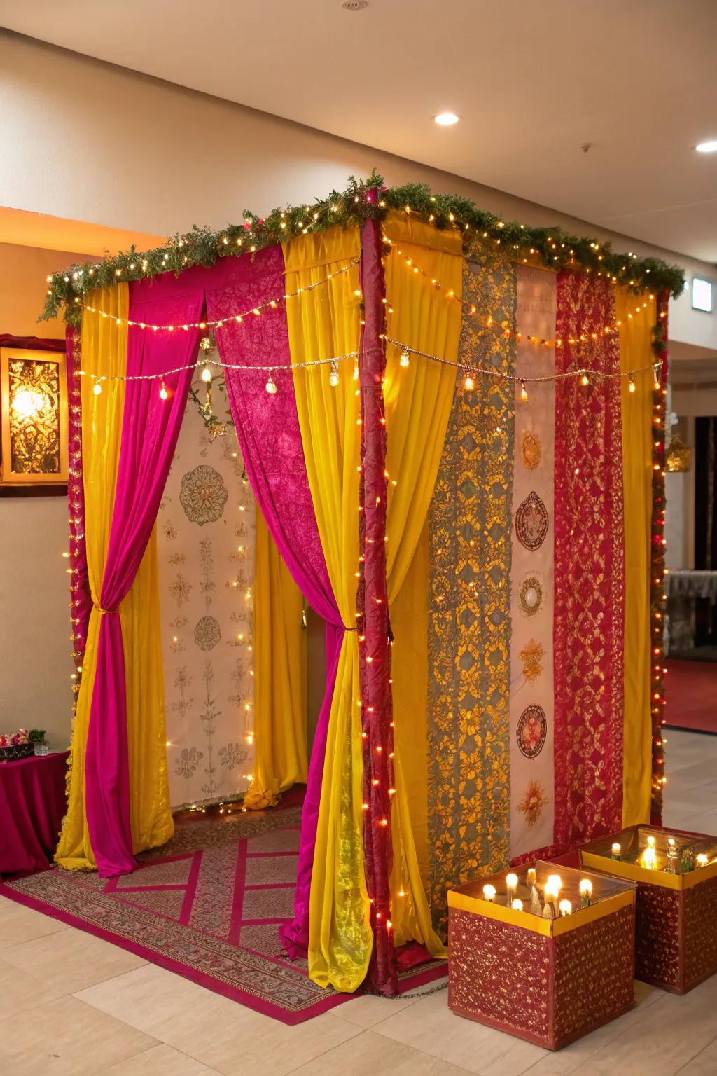 Radiant draperies in ruby and gold creating an uplifting photo booth backdrop.