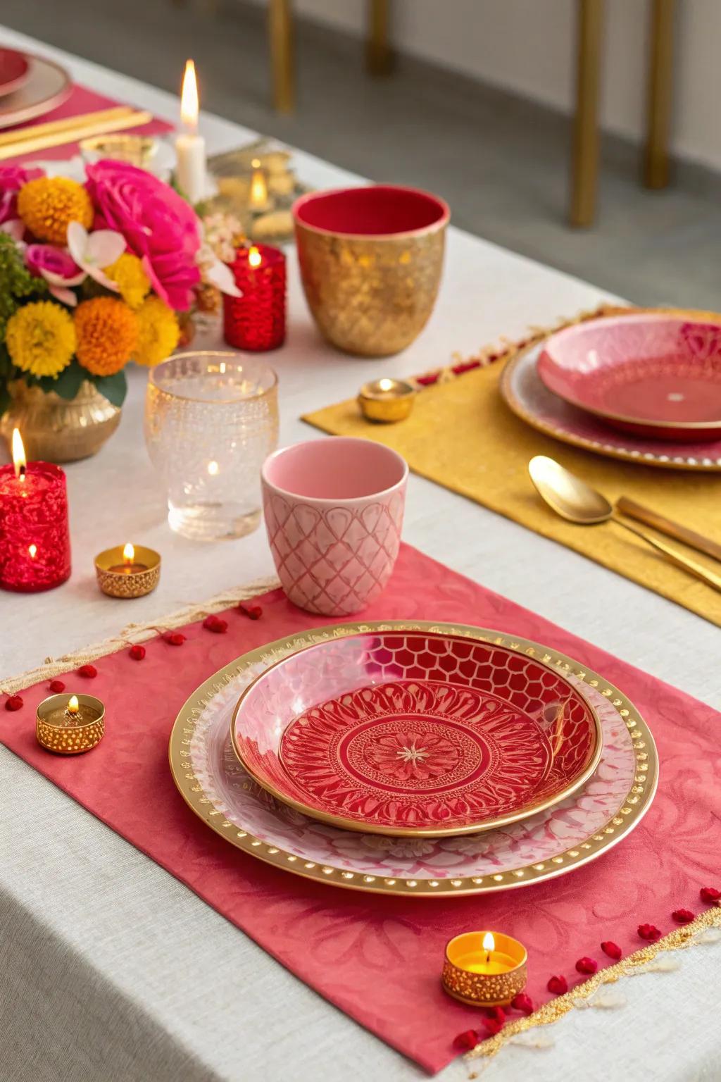 A Diwali spread displaying a radiant blend of red, gold, and pink.