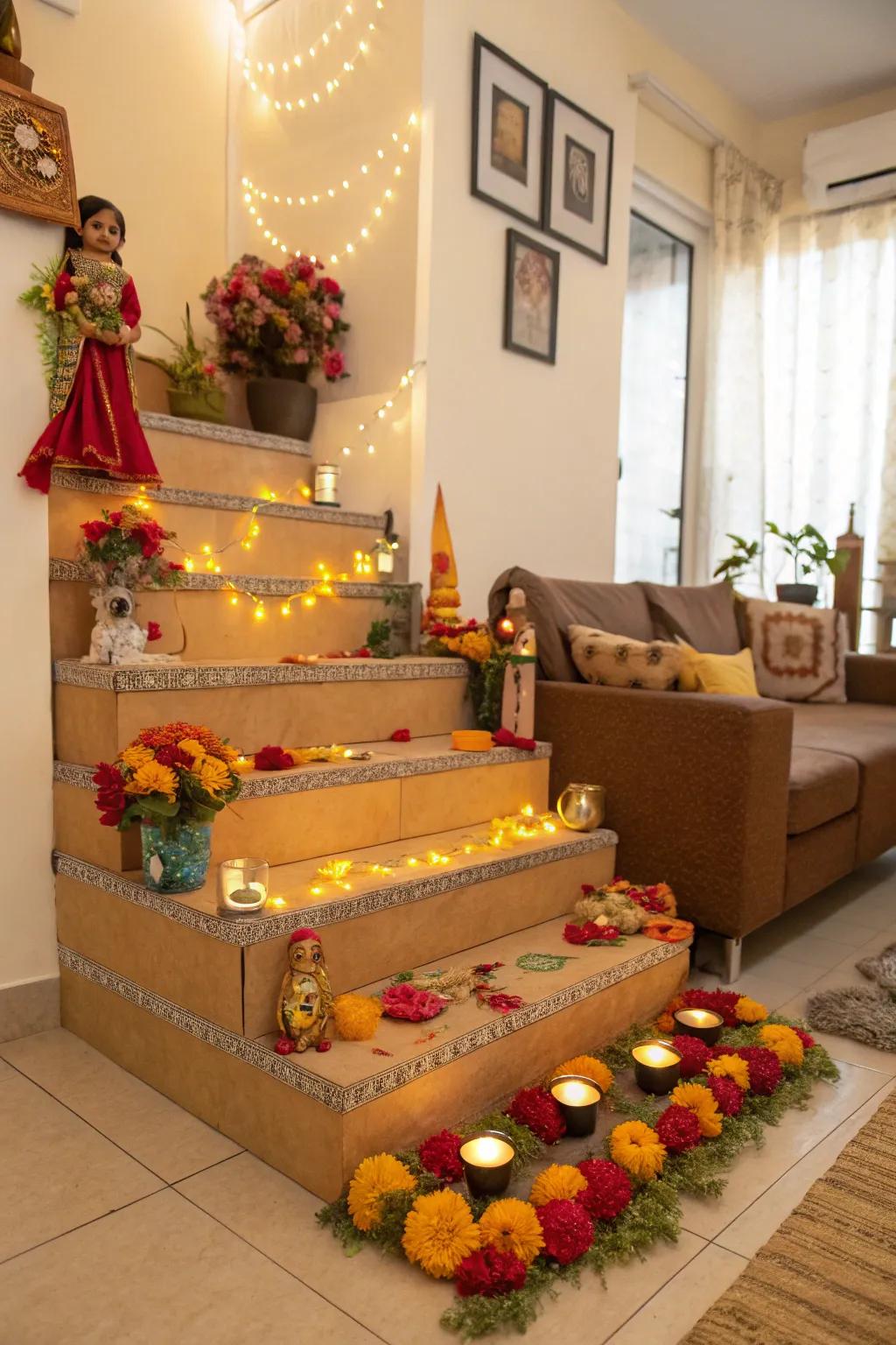 Cardboard steps beautifully embellished for a celebratory Golu display.