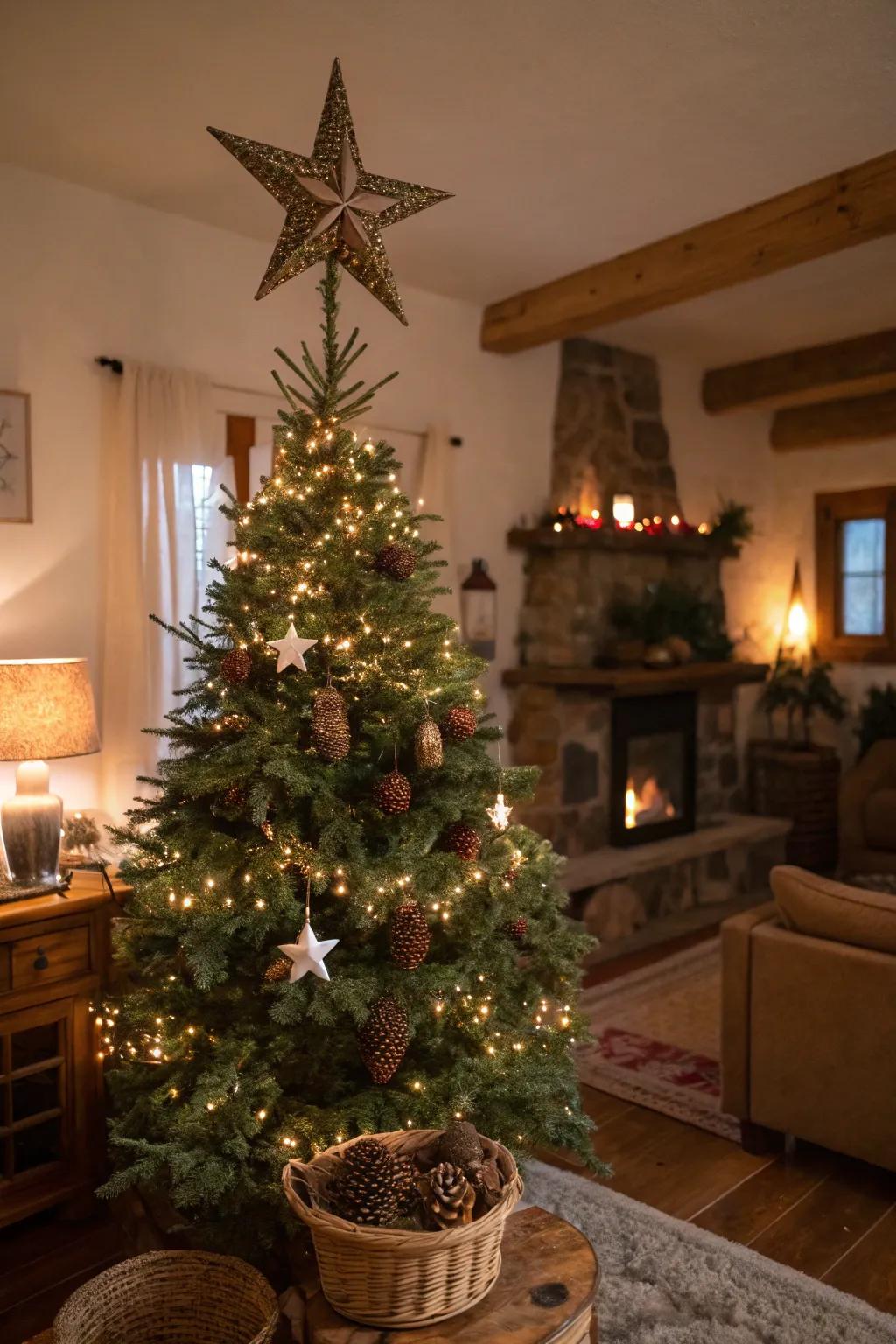 Rustic charm with a cone star topper.