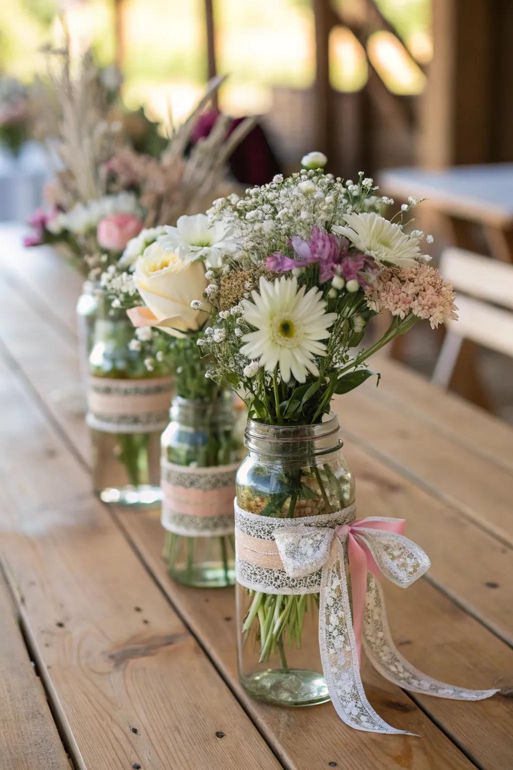 A rustic charm is achieved with canisters brimming with vibrant flowers.