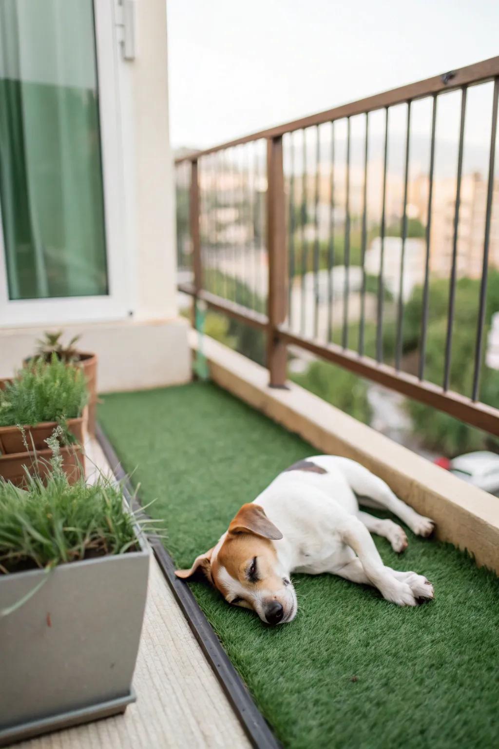 A cozy synthetic turf area provides dogs with a touch of the outdoors on their balcony.
