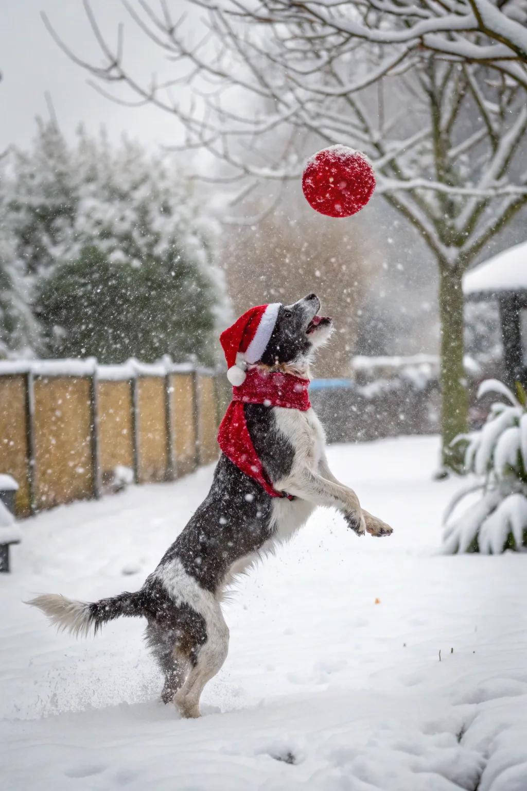 Santa Paws relishes a lively game of fetch amidst the snow.