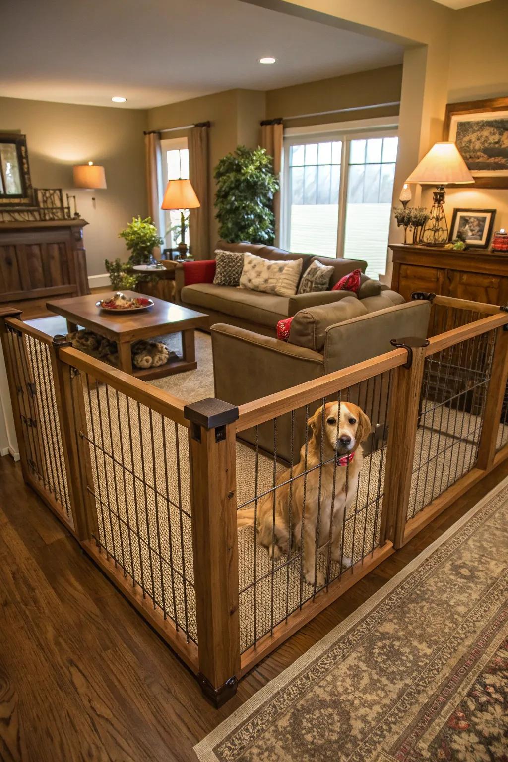 A classic wooden dog fence that enriches the inviting feel of a living space.