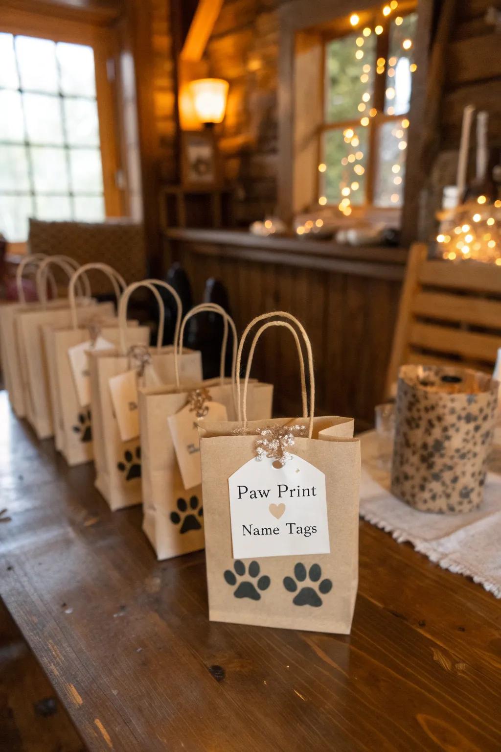 Personalized goodie bags featuring paw imprints and name tags for a touch of affection.