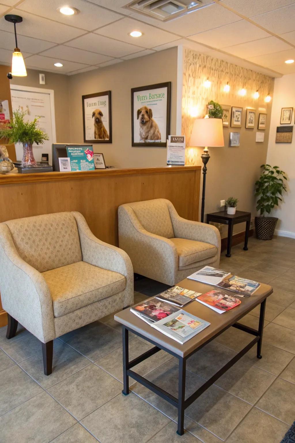 An inviting front desk featuring comfortable seating and pet magazines.